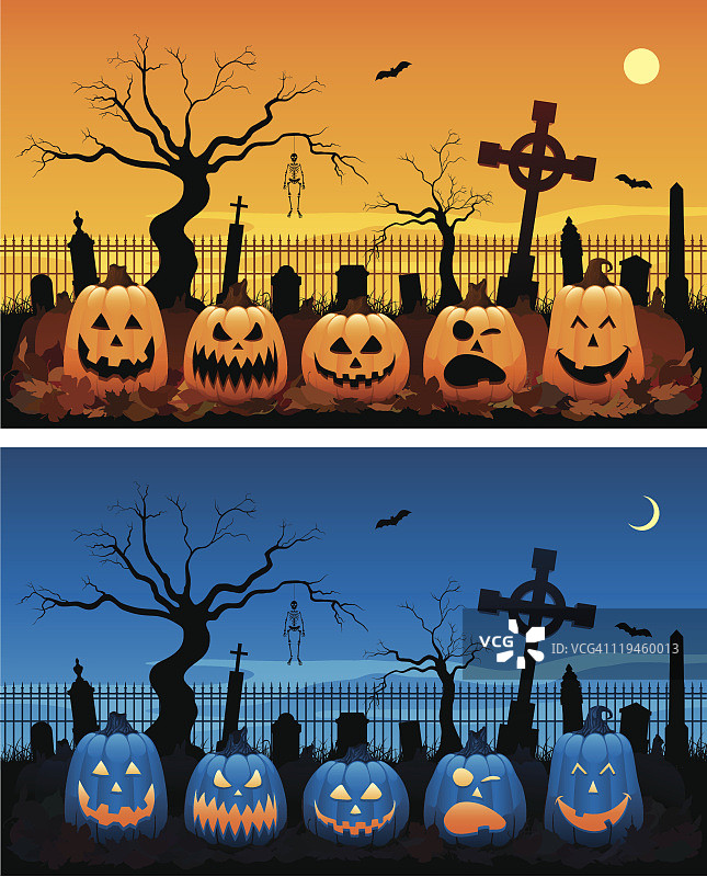 万圣节快乐南瓜灯矢量墓地插图图片素材