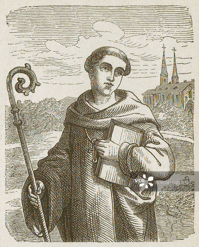 克莱沃的伯纳德 (1090-1153)，1877年出版的木刻版画图片素材