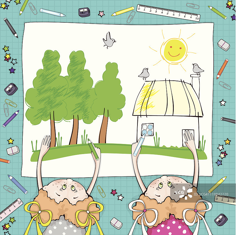 女孩们绘制夏日乡村风景图片素材