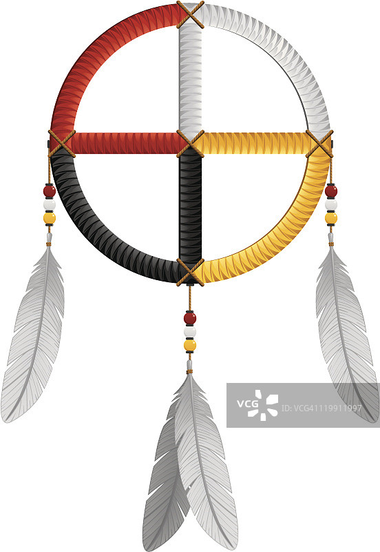 美洲原住民印第安医药轮羽毛和珠子矢量图图片素材