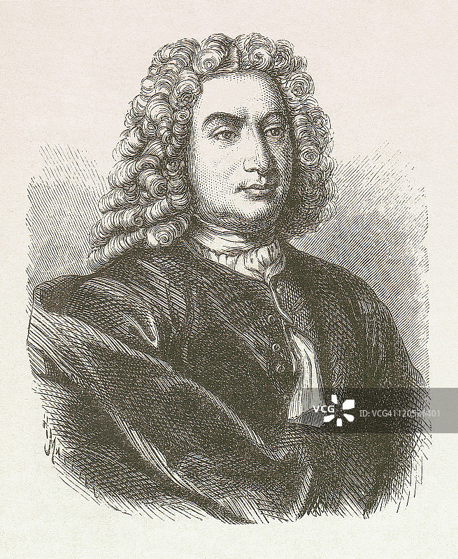 丹尼尔·伯努利（1700-1782），荷兰-瑞士数学家，1877年出版的木刻版画图片素材