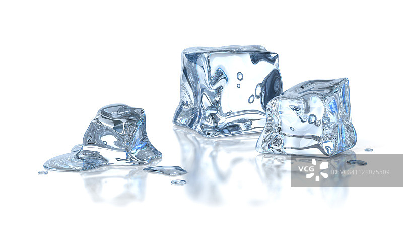三个冰块在白色背景下融化图片素材