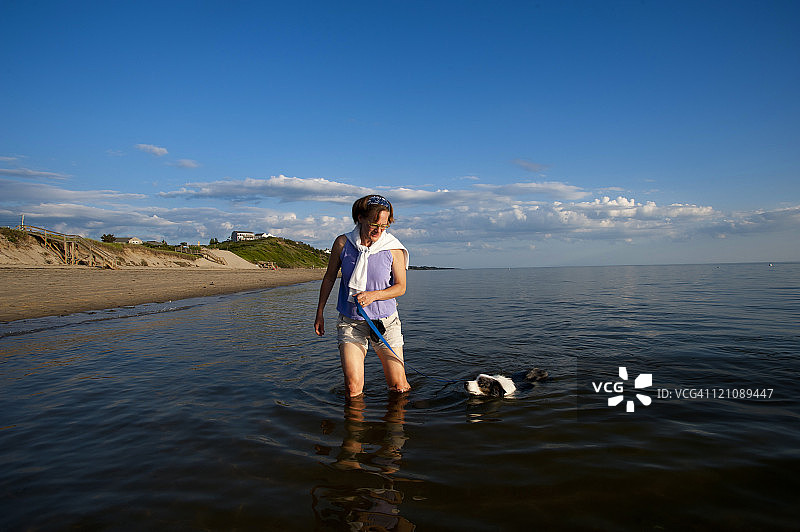 狗和主人在海边散步游泳图片素材
