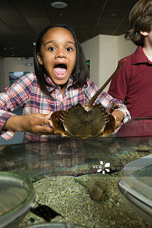 惊讶的女孩在水族馆里拿着鳐鱼图片素材