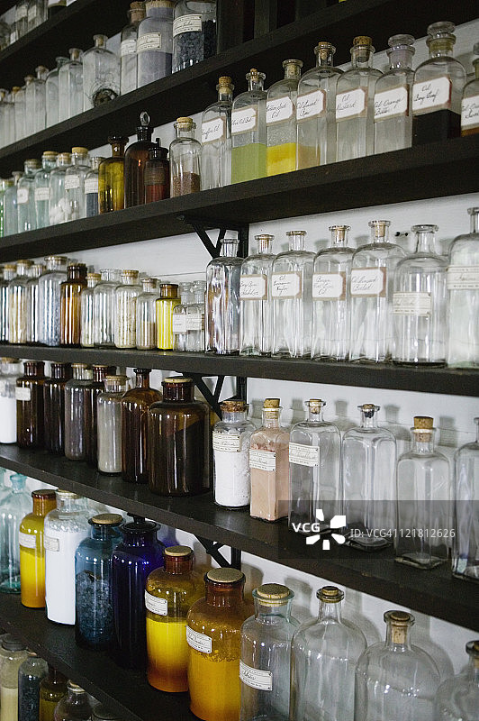 托马斯·爱迪生门洛帕克园区的早期化学制品图片素材