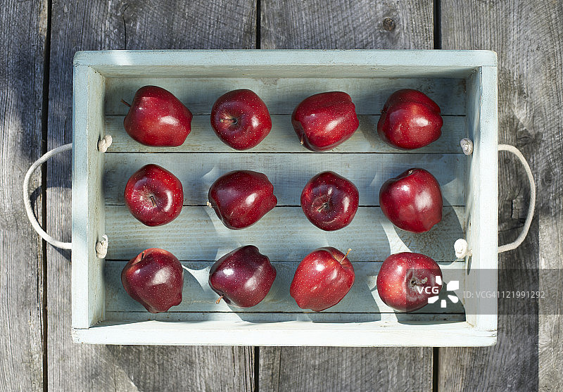 蓝色木托盘中的红苹果图片素材
