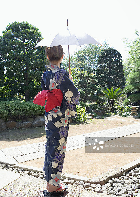 身穿浴衣撑着遮阳伞的女人图片素材