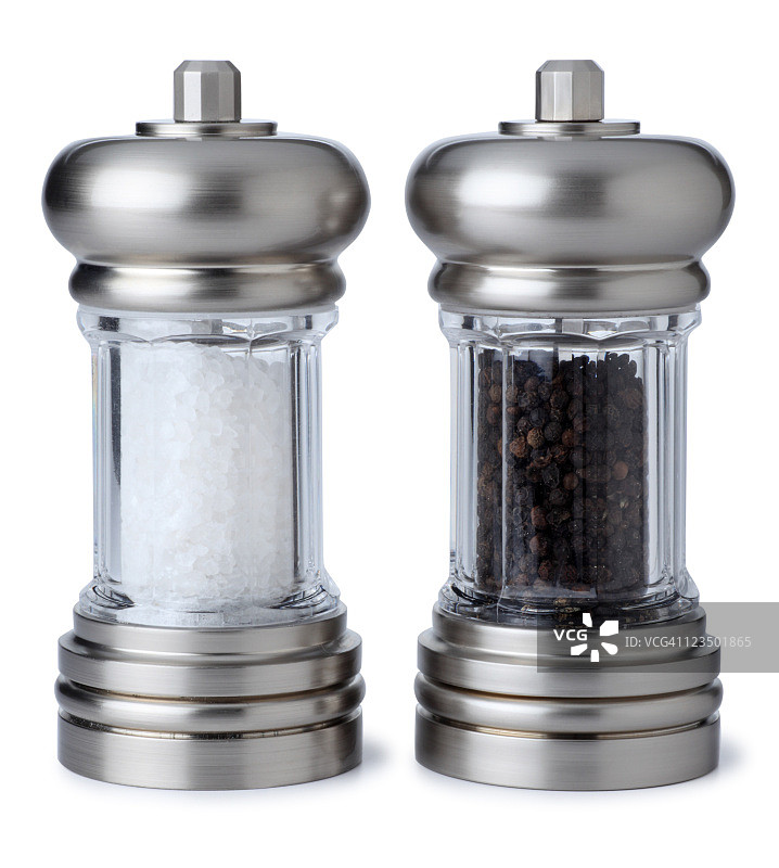 白色背景上的盐和胡椒粉罐图片素材