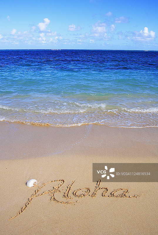 夏威夷绿松石色海水泡沫海岸贝壳沙滩上写着Aloha图片素材
