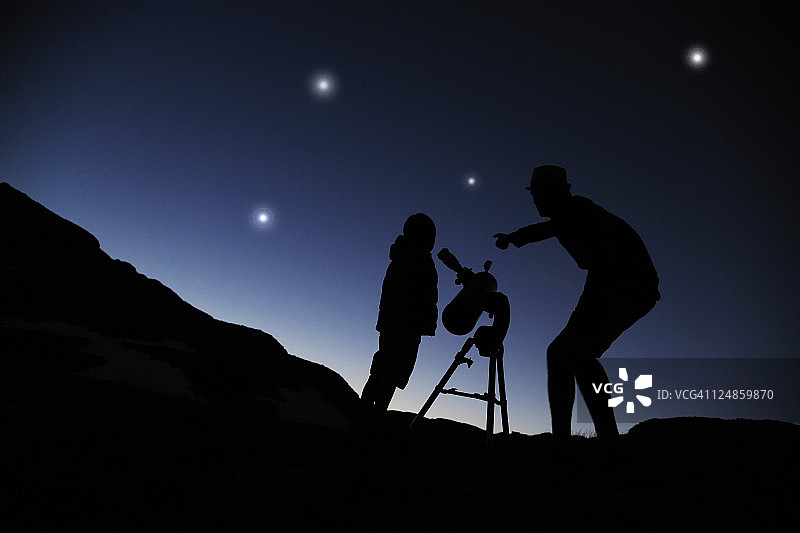 父子夜晚用望远镜观测图片素材