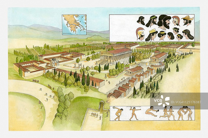 古代奥林匹亚的插图，在上表演的运动员和希腊神的头图片素材