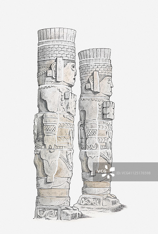 伊达尔戈州图拉的托尔特克武士柱插画图片素材