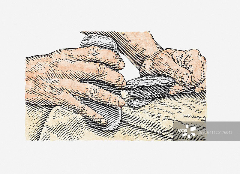 用鹿角锤制作克洛维斯尖的男人插画图片素材