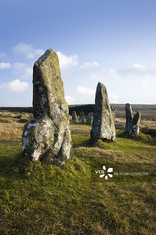 斯科希尔石圈的立石，位于英国德文郡达特穆尔吉德利图片素材
