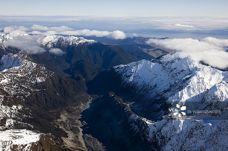 新西兰南阿尔卑斯山胡克冰川和科普兰通道的南向景观图片素材
