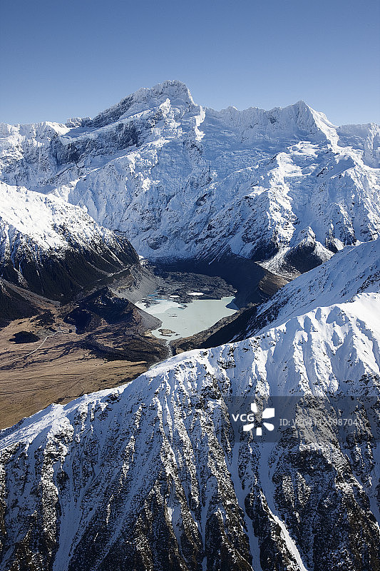 新西兰库克山国家公园塞夫顿山和胡克冰川湖图片素材