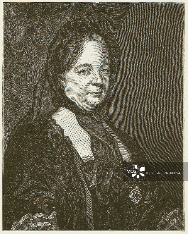 约瑟夫·杜克鲁瓦创作的玛丽亚·特蕾莎（1717-1780）木刻版画，1881年出版图片素材