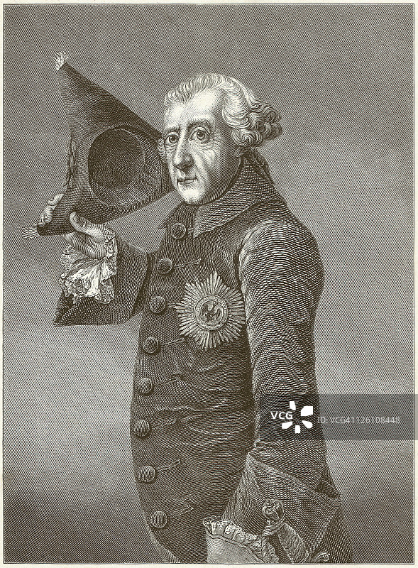 腓特烈二世（腓特烈大帝，1712-1786），1881年出版的木刻版画图片素材