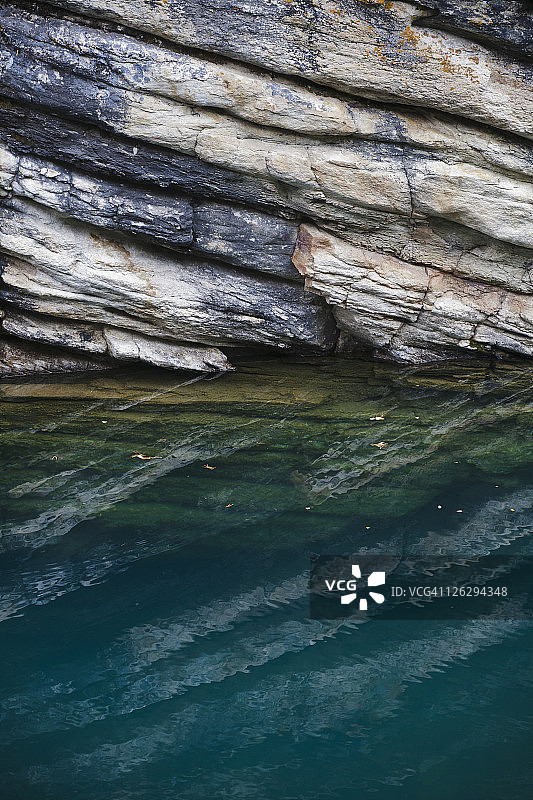 蓝色湖水中岩石的层层倒影图片素材