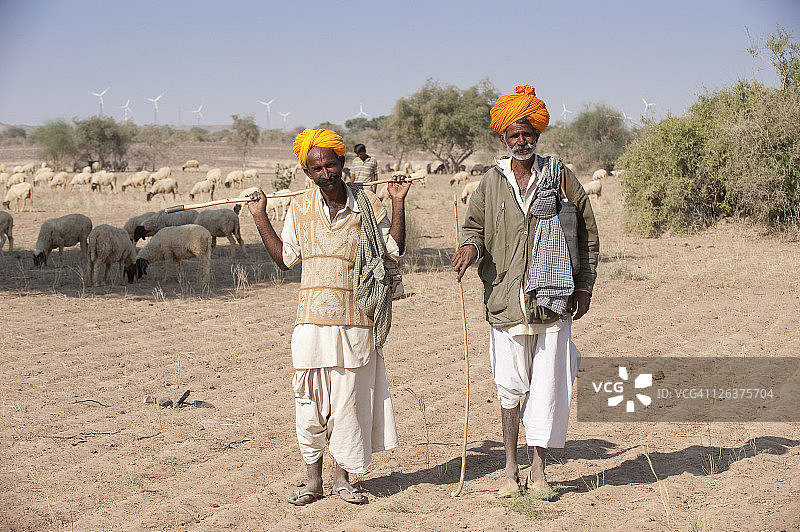 印度拉贾斯坦邦塔尔沙漠的比什诺伊牧羊人图片素材