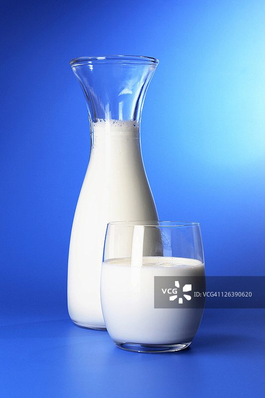 蓝色背景下的牛奶特写镜头图片素材