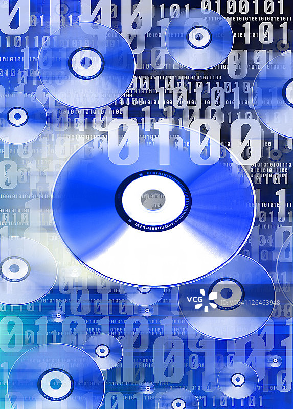叠加在二进制代码背景上的光盘特写图片素材