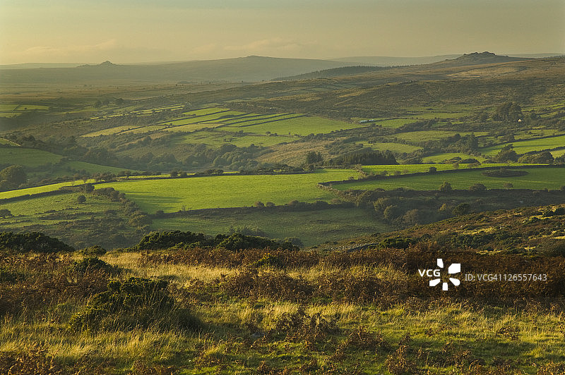 从康姆斯通岩堆眺望达特穆尔中心地带的西向景色，位于达特穆尔国家公园达特米特附近，英国德文郡图片素材