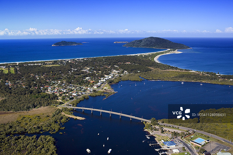 澳大利亚新南威尔士州霍克斯内斯特和斯蒂芬斯港鸟瞰图片素材