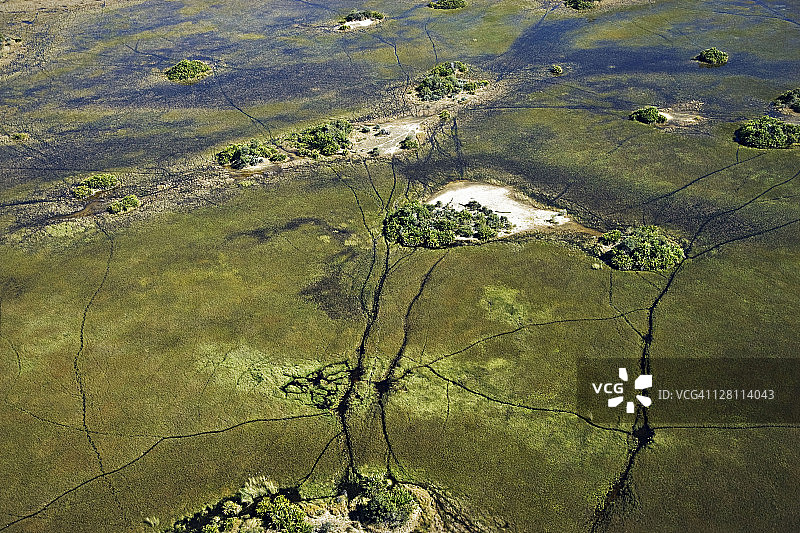 博茨瓦纳奥卡万戈三角洲中部野生动物通道和岛屿鸟瞰（主要由河马和大象形成）图片素材