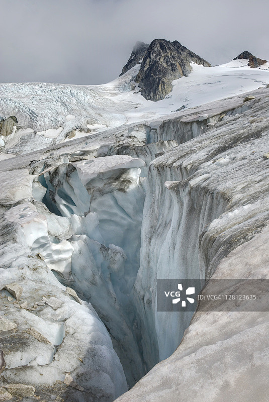 来自埃塞尔威尔德山和制冰机山海岸山脉的无名冰川裂缝细节，加拿大不列颠哥伦比亚省图片素材