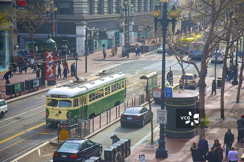 旧金山市场街靠近鲍威尔的有轨电车图片素材