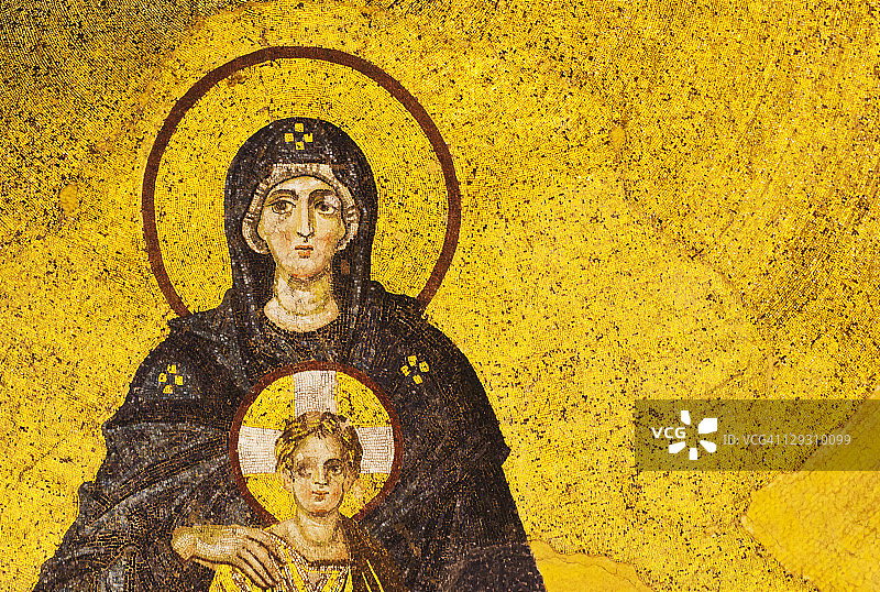 土耳其伊斯坦布尔圣索菲亚大教堂内的圣母玛利亚和耶稣马赛克图片素材