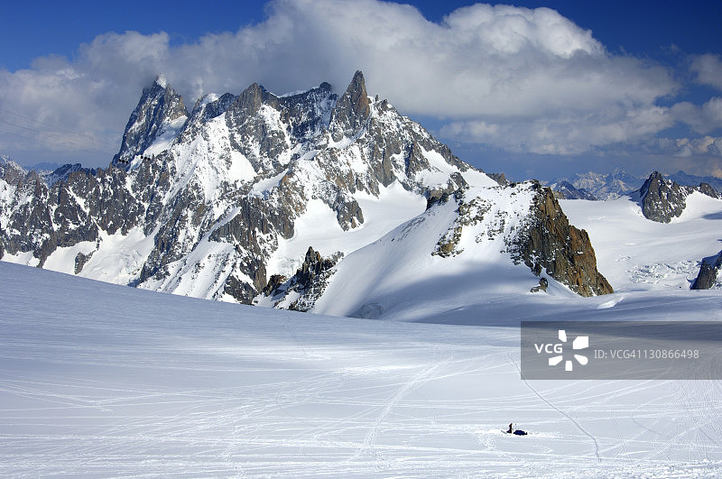 勃朗峰山谷大若拉斯山冰川下的露营地图片素材