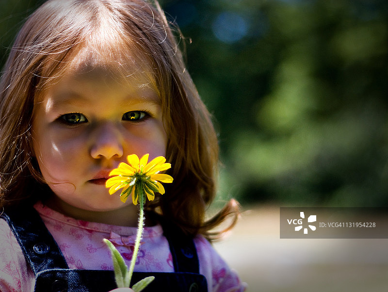 女孩拿着黄色的花图片素材