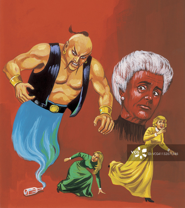 灯神从瓶中出现吓坏了妇女图片素材