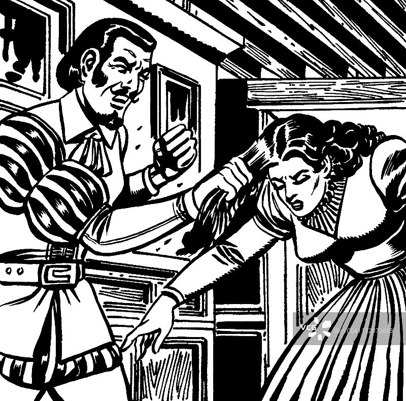 文艺复兴时期的情侣，男人拉着女人的头发图片素材