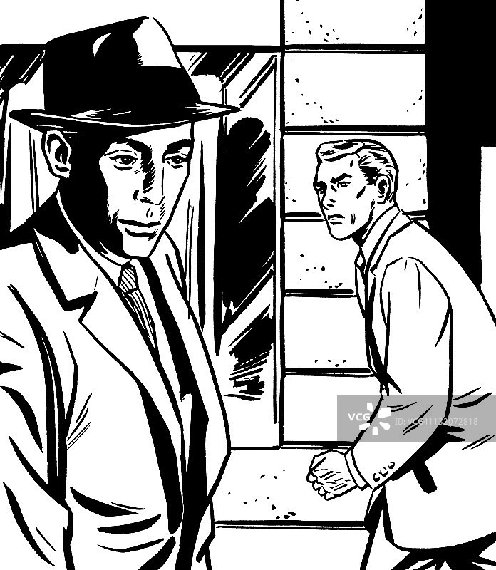 戴帽子的男人和建筑前的愤怒的男人图片素材