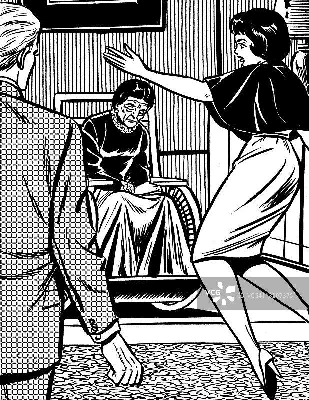 女人在轮椅上对着老妇人疯狂地做手势图片素材