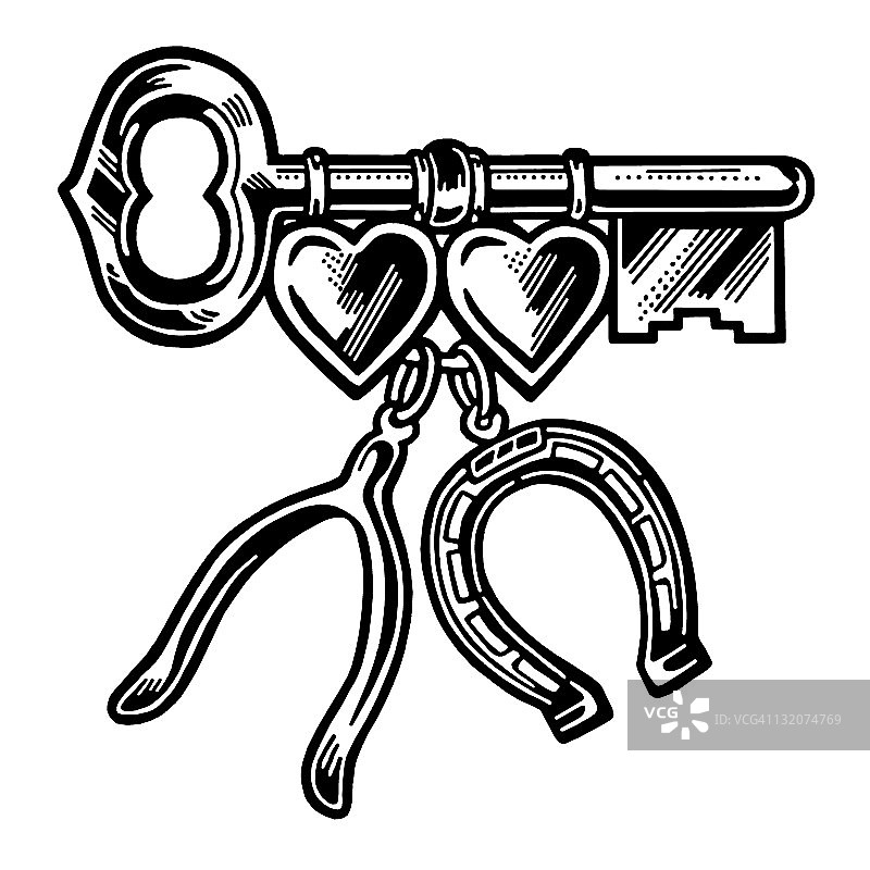 钥匙、叉骨、心形、马蹄铁图片素材