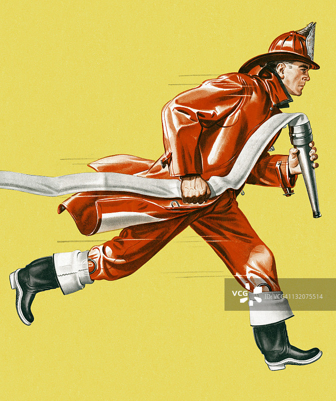 消防员奔跑，手持软管图片素材