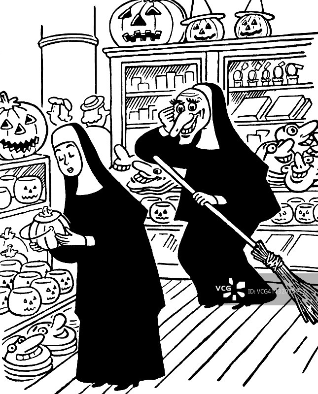 修女们观看万圣节物品图片素材