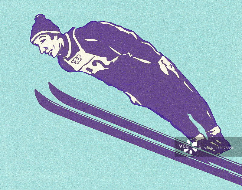 蓝色背景上的跳台滑雪运动员图片素材