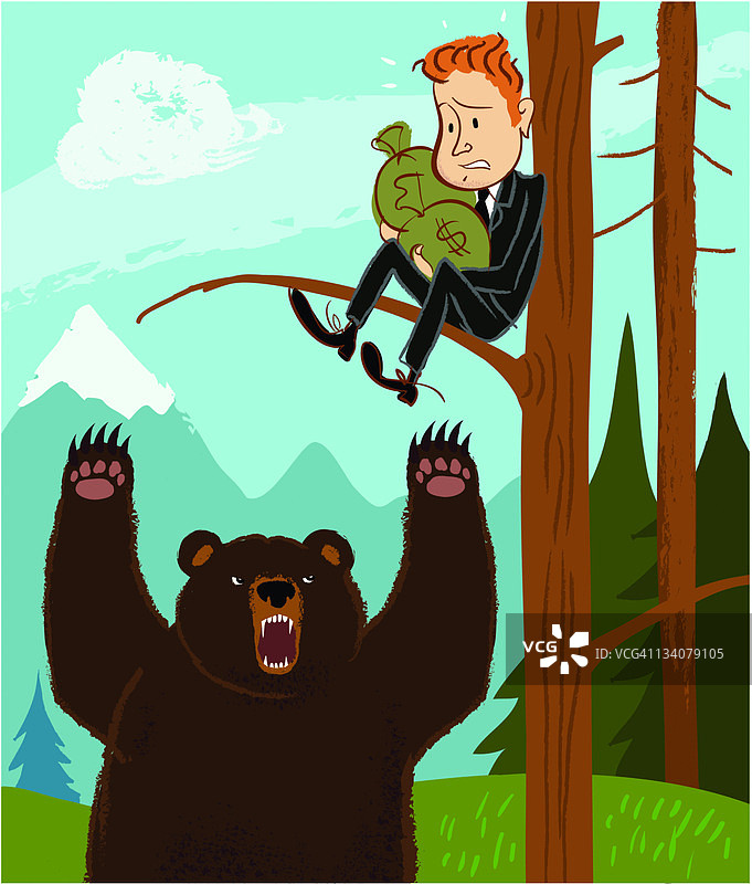 熊试图够到树上拿着美元袋子的人图片素材