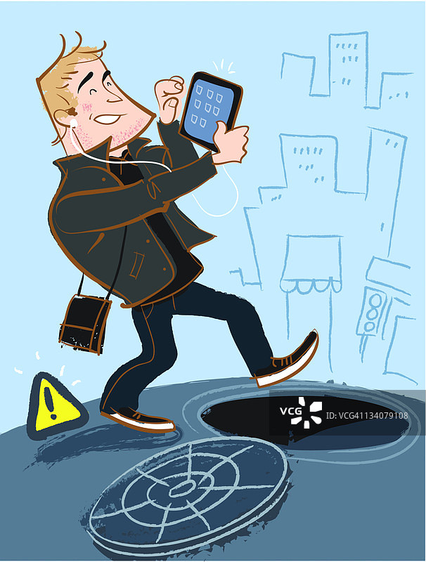 男子手持平板电脑跨过打开的井盖图片素材