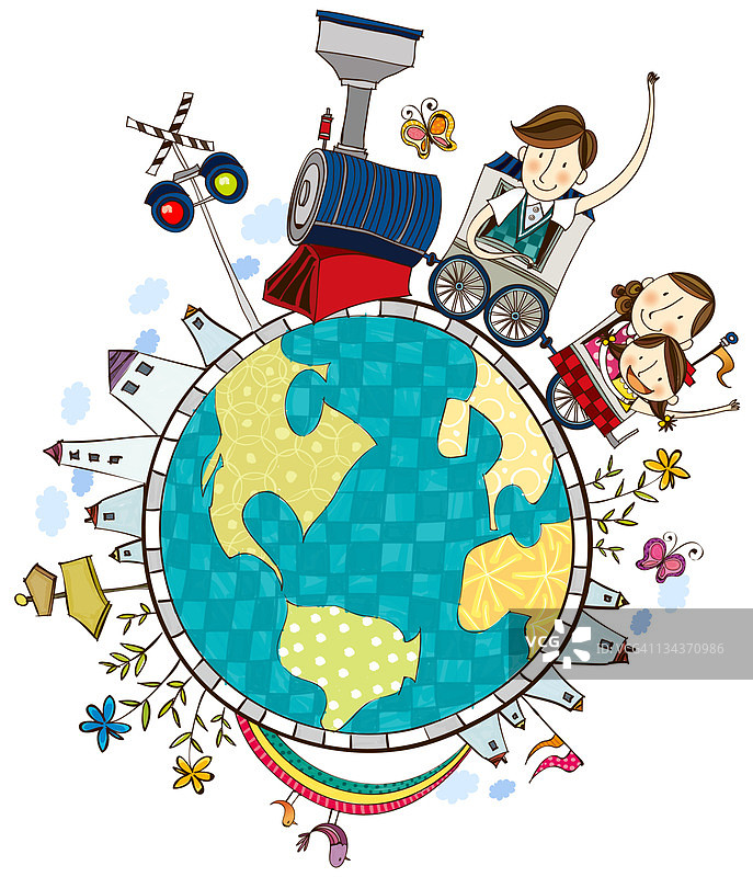 乘坐火车环游世界的家庭旅行图片素材