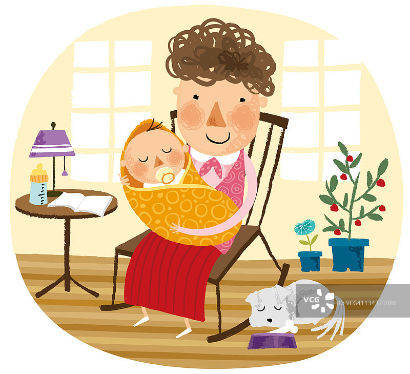 母亲在睡眠椅上哄婴儿睡觉图片素材