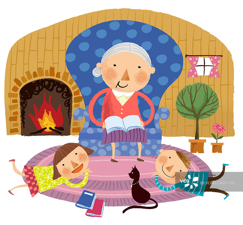 奶奶给孙子孙女讲故事图片素材