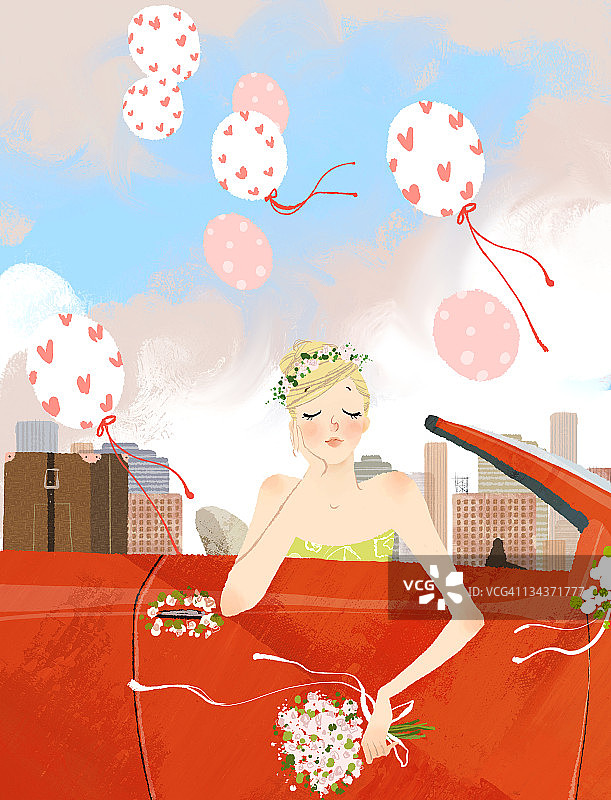 新娘坐在车里，手捧鲜花图片素材