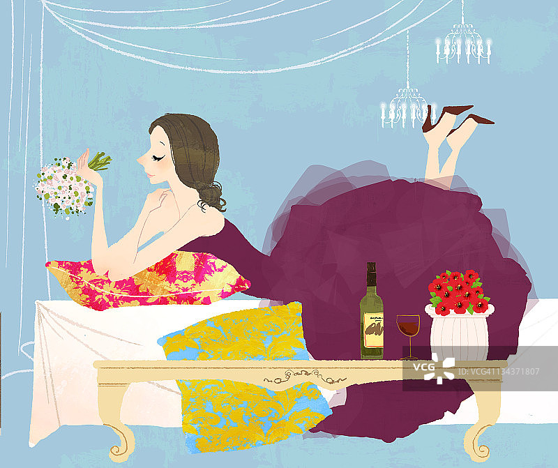 新娘手捧鲜花躺在床上图片素材