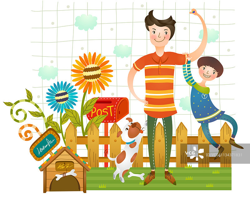 父子与宠物狗的肖像图片素材